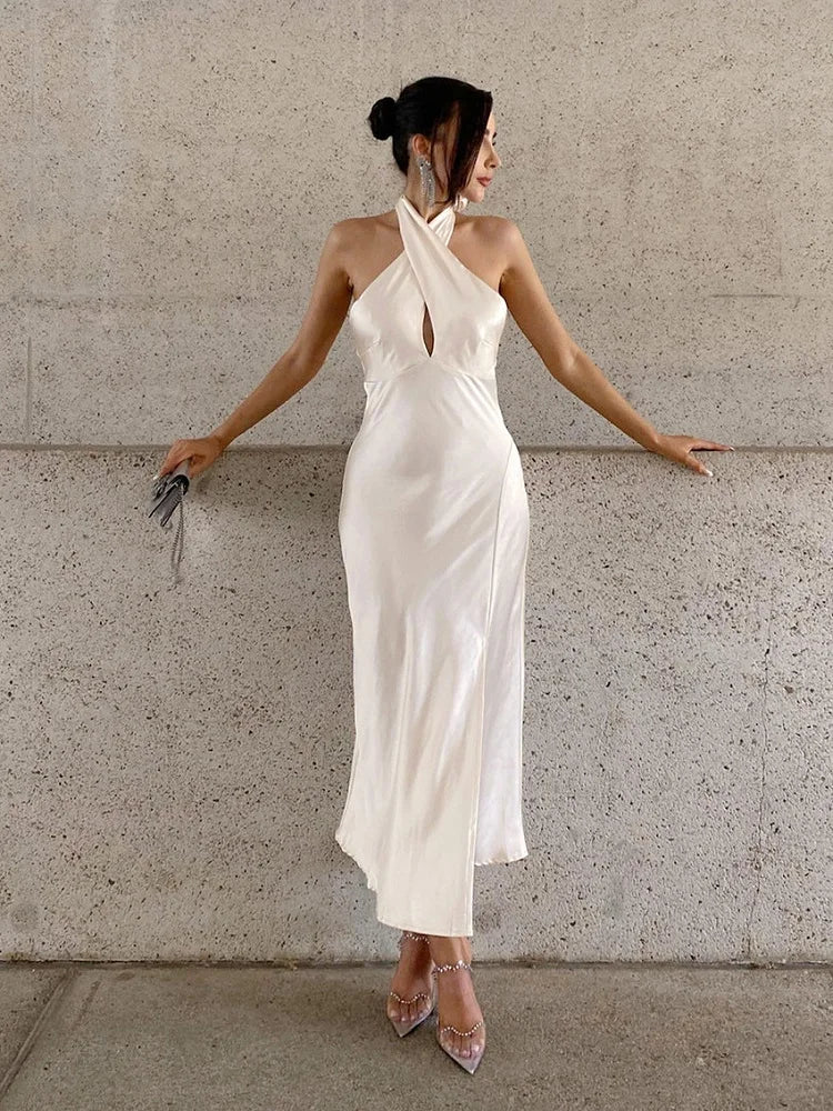 Lowest Price comfy dressWhite Halterneck Satin Slip Dress