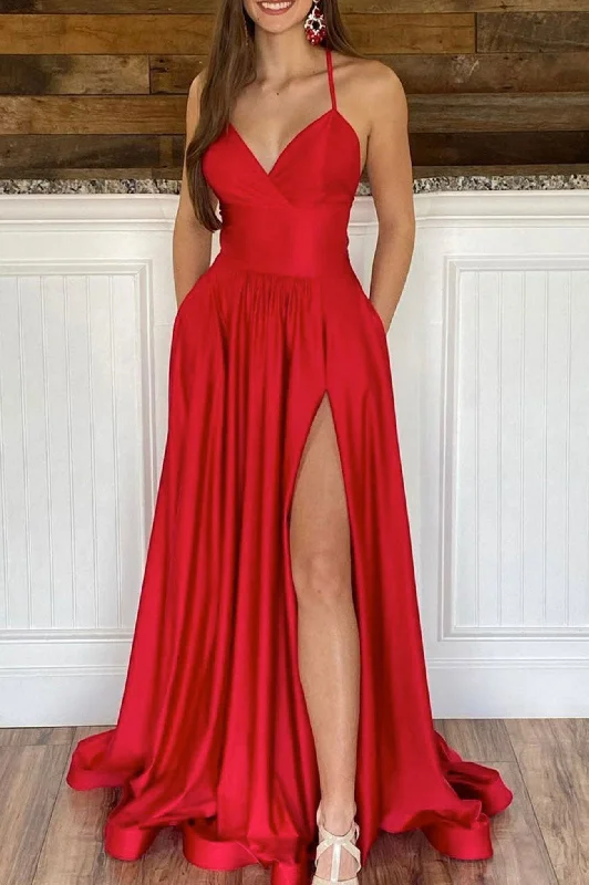Deep Discounts Red Spaghetti Strap Satin Long Prom Dress, A-Line Backless Evening Dress