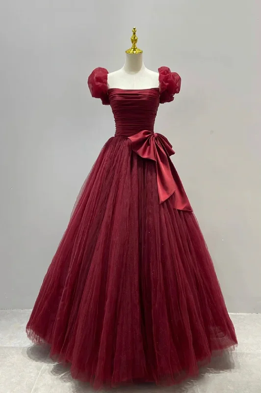 Huge Discounts Burgundy Tulle Long Prom Dress, Beautiful A-Line Evening Party Dress Huge Discounts Burgundy Tulle Long Prom Dress, Beautiful A-Line Evening Party Dress