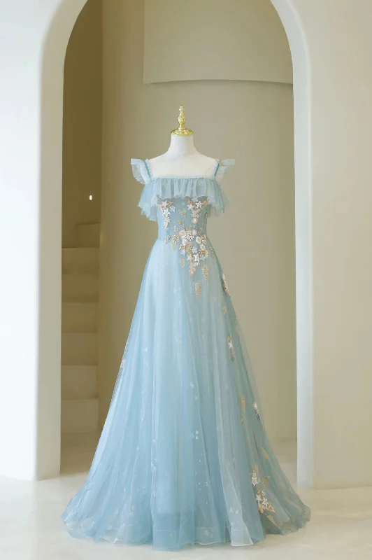 Can't Miss Blue Spaghetti Strap Tulle Long Prom Dress