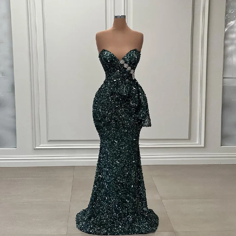 Sparkle Crystals Sequins Mermaid Evening Dress Sexy Strapless Flowers Long Prom Party Dresses Real Image Sequined Celebrity Gown