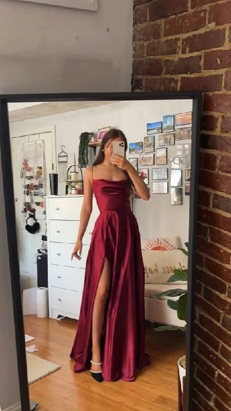 Spaghetti Straps Red Long Prom Dresses,Satin A-Line Evening Gown Long Prom Dress with Slit