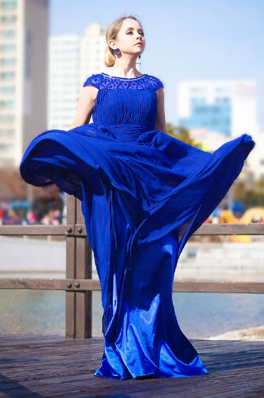 Crazy Savings A-line Round Collar Floor Length Chiffon Rhinestone Evening Dress