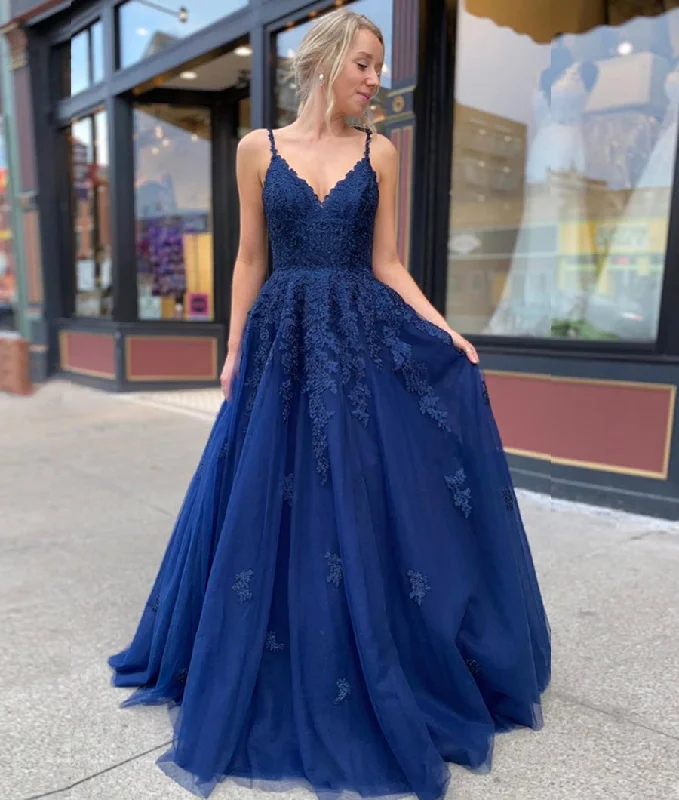 Season Finale Sale Blue Tulle Lace Long Prom Dress, Beautiful A-Line Evening Party Dress