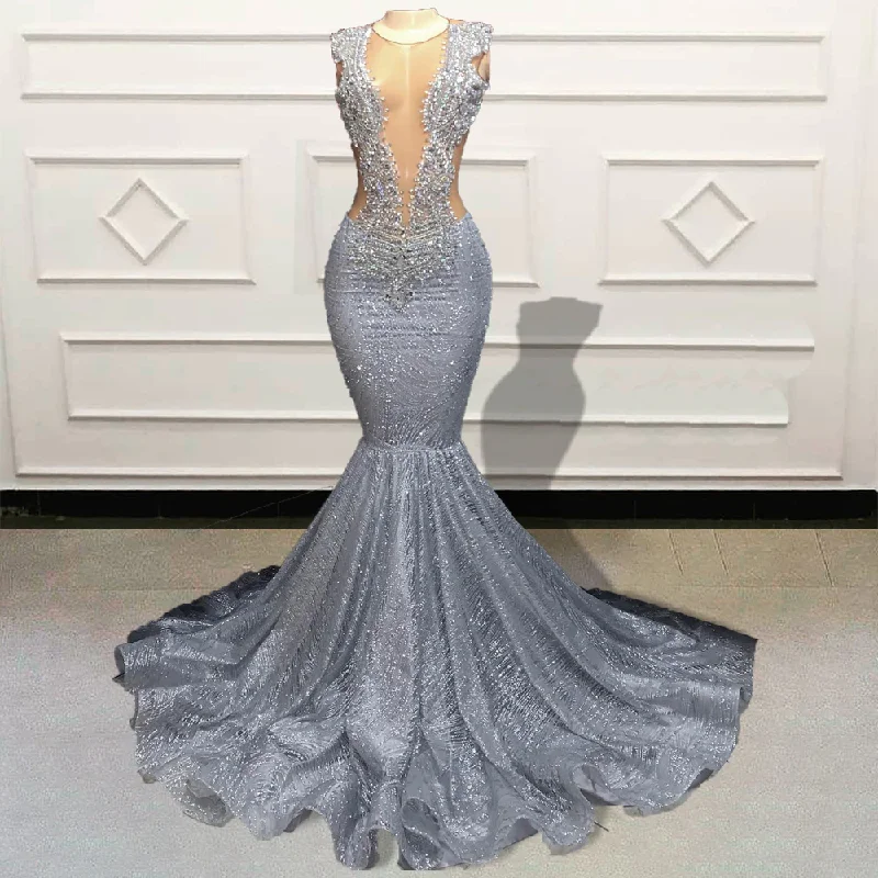 Sexy Women Mermaid Long Prom Dresses for Graduation Party Silver Sparkly Sequin Sheer Girls Formal Occasion Evening Gowns