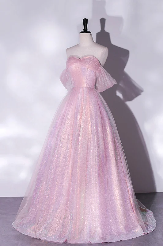 Discount Deals Pink Tulle Sequins Long Prom Dress, Off the Shoulder Evening Party Dress