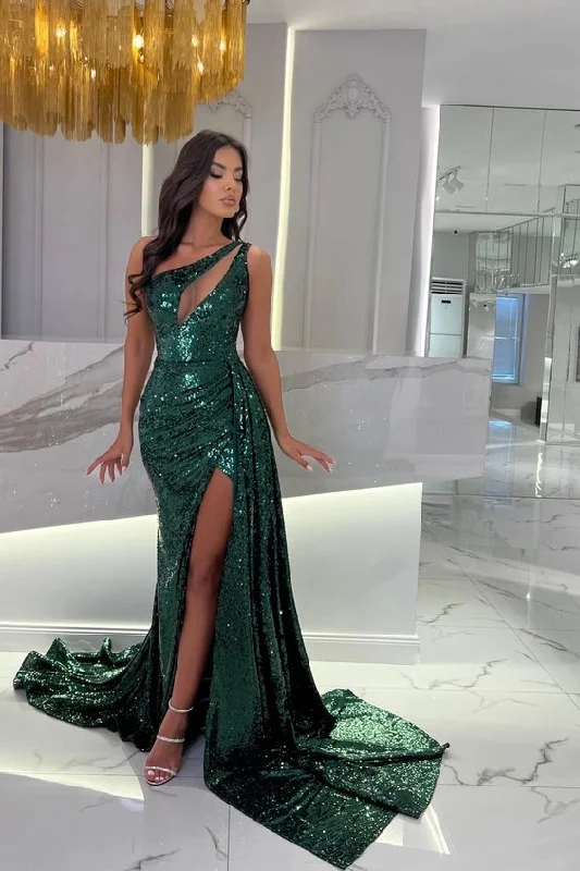 Emerald Green One Shoulder Sleeveless Mermaid Prom Dress Sequins With Split Y5908