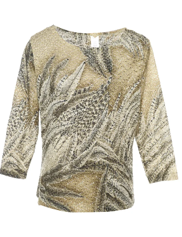Closeout high-fashion coatLeafy Print Olive Green & Beige Sparkly Metallic Top - L