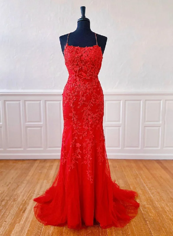 Don’t Miss Out Red Spaghetti Strap Tulle Lace Long Prom Dress, Red Backless Evening Party Dress
