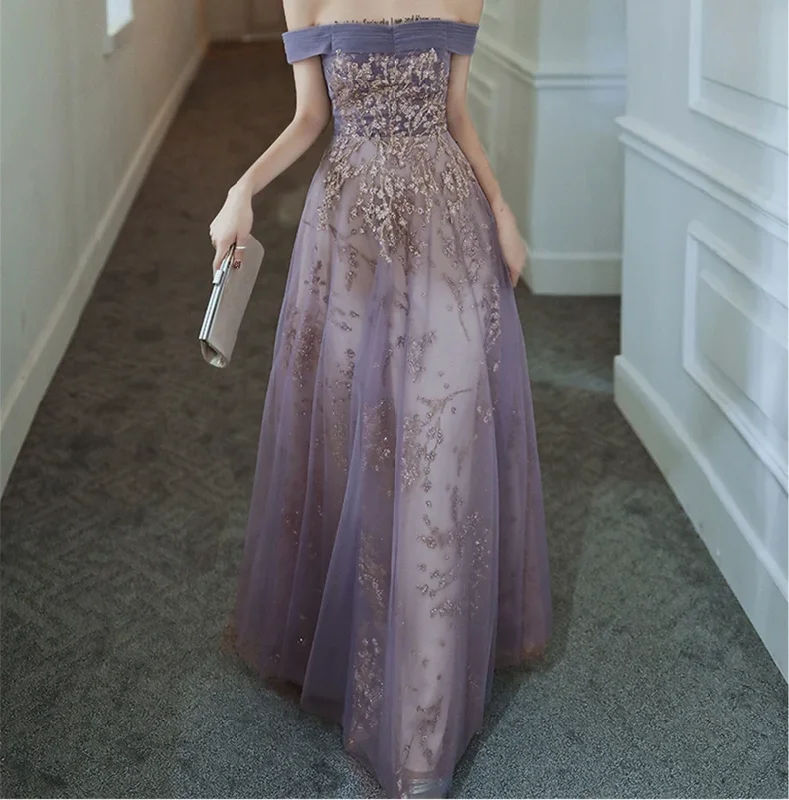 Can't Be Beat elegant dressDreamy Purple Prom Dress off Shoulder Evening Dress Elegant Long Banquet Dress Sleeveless Party Dress Girl Graduation Dress Y4286