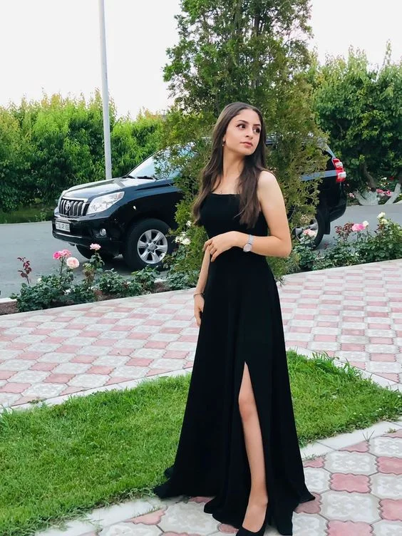 New Markdowns flowy maxi dressSimple Black A-line Prom Dress Side Split,Black Senior School Dress Y5861