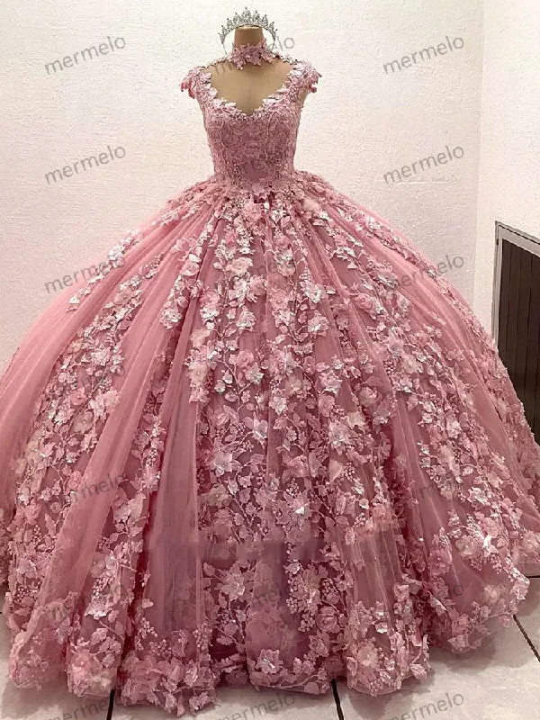 Pink 3D Flowers Quinceanera Dresses Luxury Pearls Beading Appliques