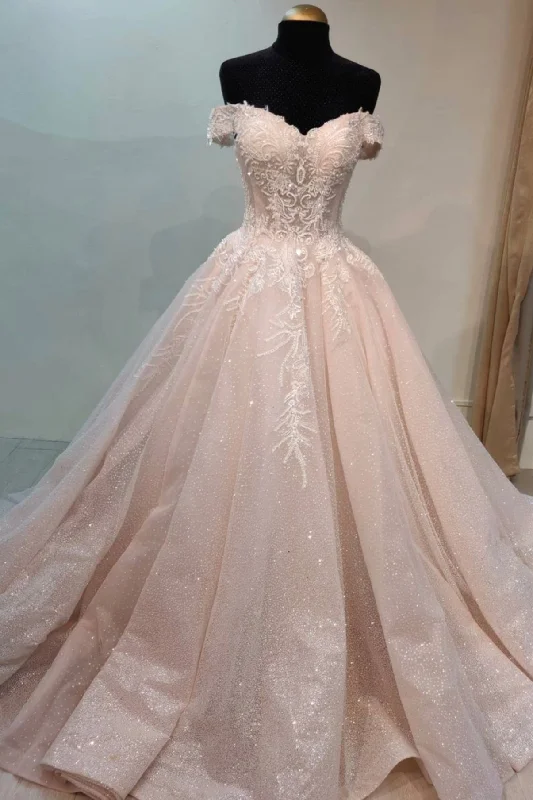 Super Sale Pink Tulle Lace Long Prom Dress, Off the Shoulder Evening Dress