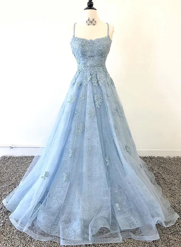 Bargain Prices Blue Tulle Lace Long A-Line Prom Dress, Beautiful Backless Evening Party Dress