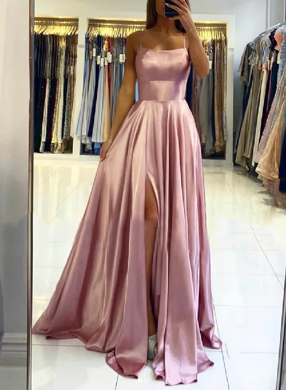 Limited Availability Pink Spaghetti Strap Satin Long Prom Dress, A-Line Backless Evening Dress