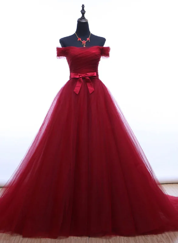Major Savings Burgundy Tulle Long Prom Dress, Off the Shoulder Evening Party Dress