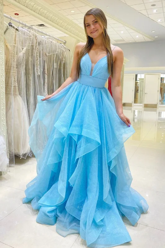 Holiday Sale Blue Spaghetti Strap Tulle Long Prom Dress