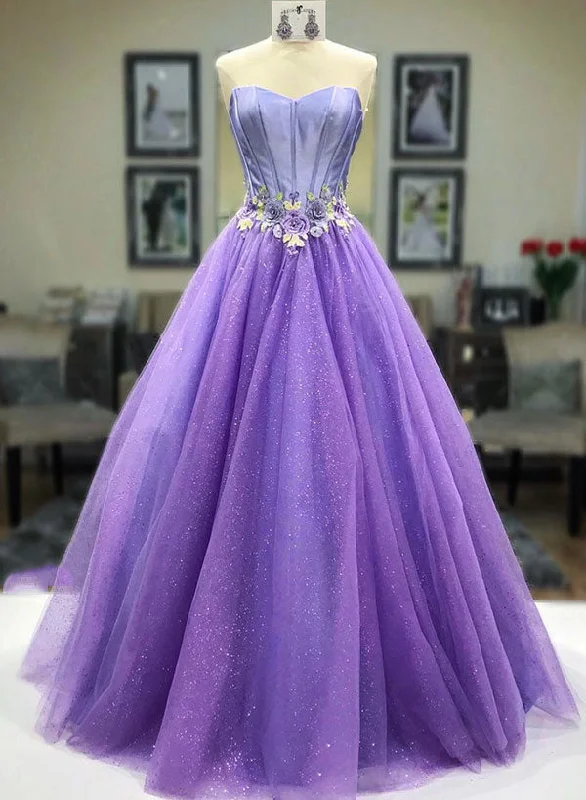 Buy Now Purple Strapless Tulle Lace Long Prom Dress, A-Line Beautiful Evening Party Dress