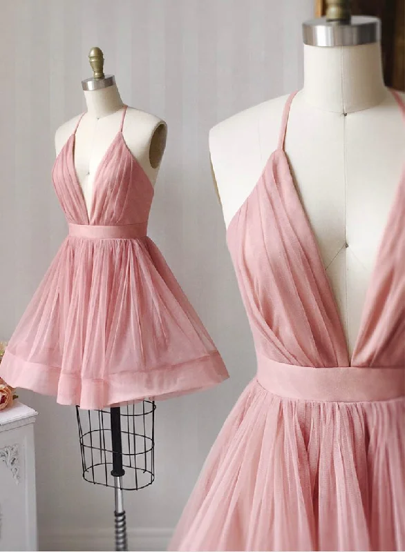 Big Discounts Pink Spaghetti Strap V-Neck Tulle Short Prom Dress