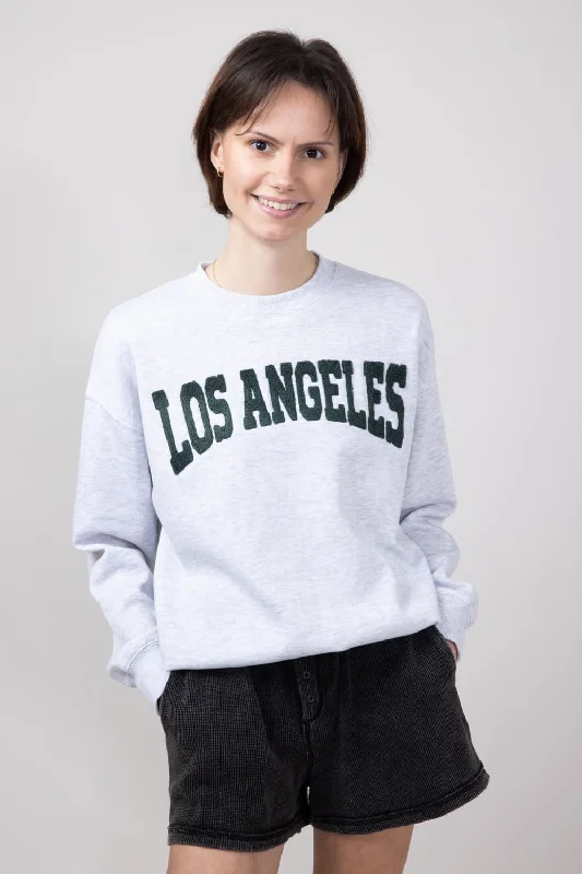 Can't Miss lightweight workout sweatshirt1897 Active Los Angeles Chenille Patched Fleece Crewneck for Women in Ice Grey | GT815-ICEGREY Can't Miss lightweight workout sweatshirt1897 Active Los Angeles Chenille Patched Fleece Crewneck for Women in Ice Grey | GT815-ICEGREY