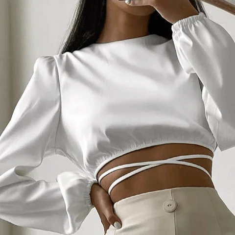 Low Prices trendy wrap dressSatin White Long Sleeve Top