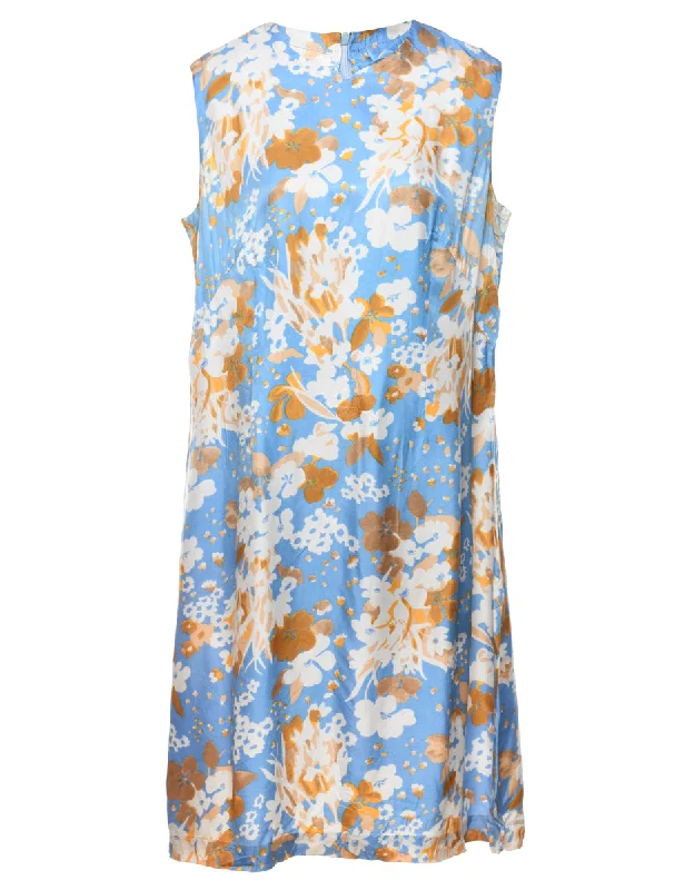 Blue Floral Print Shift Dress - M