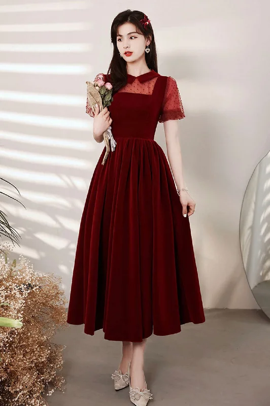Best Deals Burgundy Velvet Short A-Line Prom Dress
