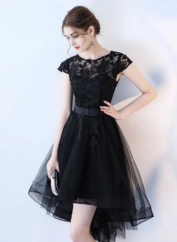 Fantastic Offers Black Tulle Lace Short Prom Dress, A-Line Black High Low Party Dress