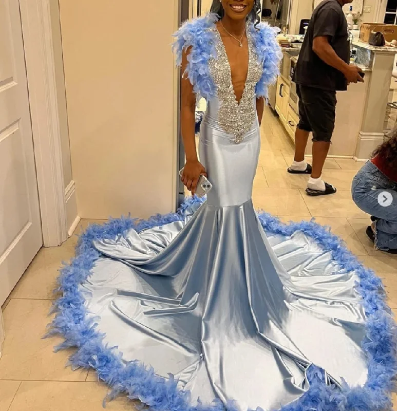 O Neck Long Prom Dress For Black Girls 2024 Beaded Crystal Rhinestone Birthday Party Dresses Feathers Evening Gowns Robe De Ba