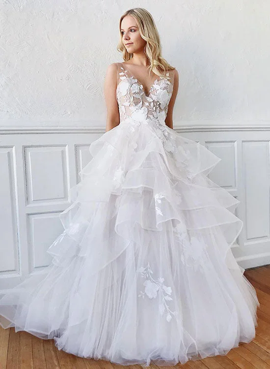 Discount Deals White V-Neck Tulle Lace Floor Length Prom Dress, White A-Line Evening Party Dress