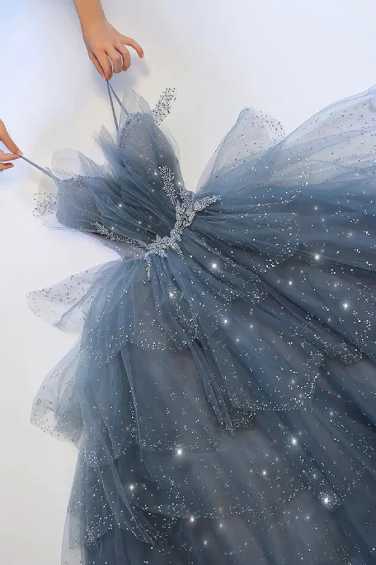 Sneak Peek Sale Blue Spaghetti Strap Tulle Beaded Long A-Line Ball Gown