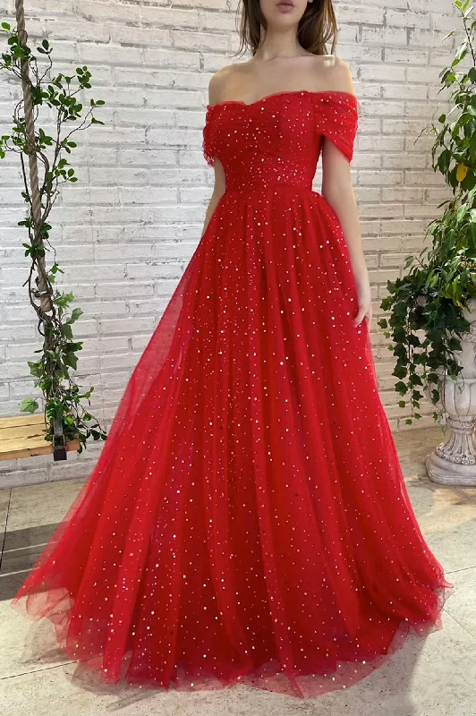 Sneak Peek Sale Red Tulle Long Prom Dress, Off the Shoulder Evening Dress