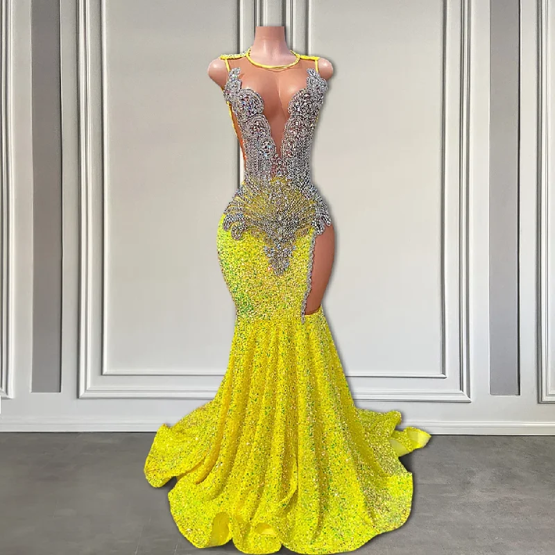 Yellow Sequin Luxury Prom Dress For Black Girl Sheer O Neck Sparkly Diamond Crystal Long Prom Formal Gown Mermaid Style