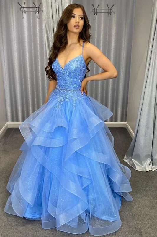 Clearance Items Blue Spaghetti Strap Lace Long A-Line Ball Gown