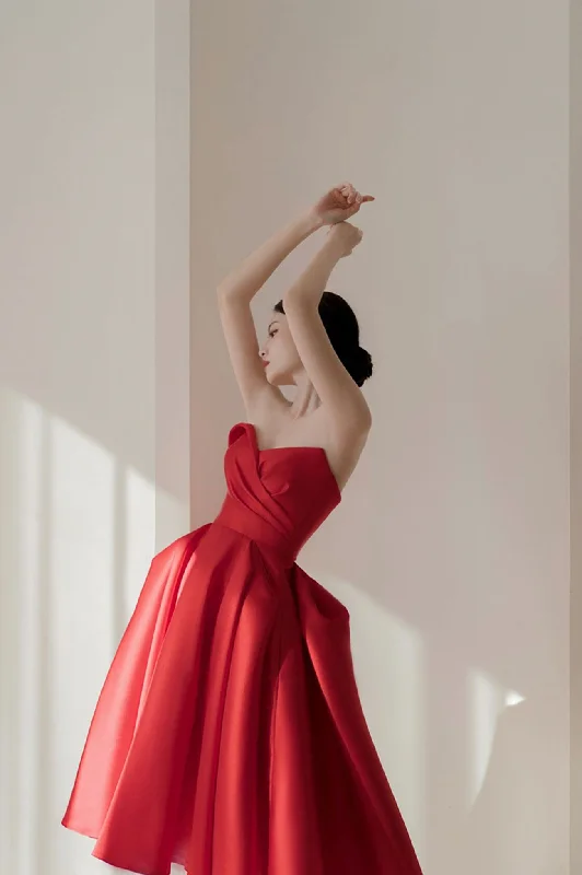 Best Bargains Red Strapless Satin Knee Length Prom Dress