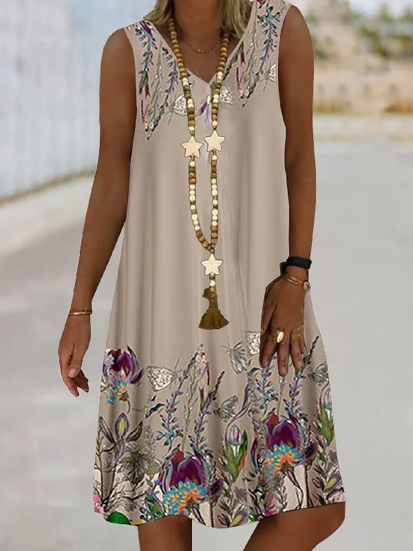 Act Now Floral Print V-neck Tank Dress, Vacation Sleeveless Dress