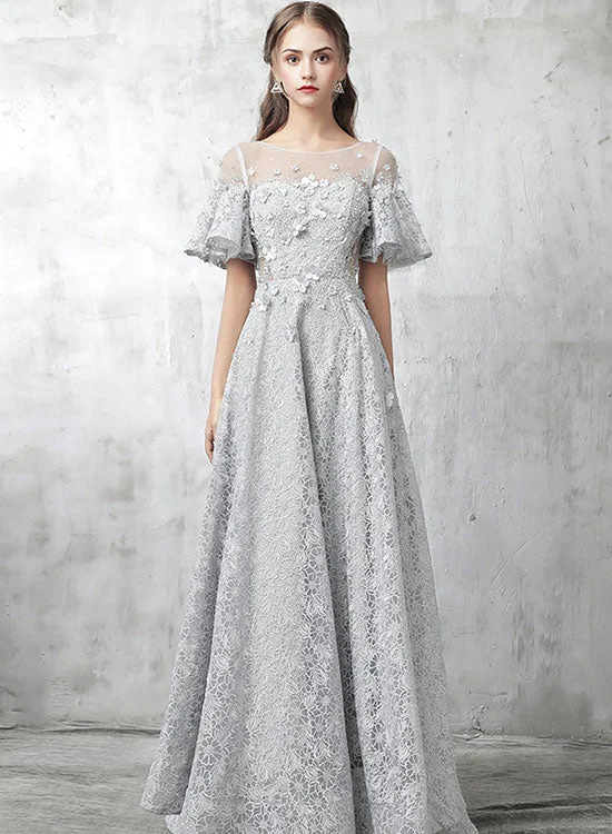 Midnight Madness Gray Lace Floor Length Prom Dress, Gray A-Line Evening Party Dress