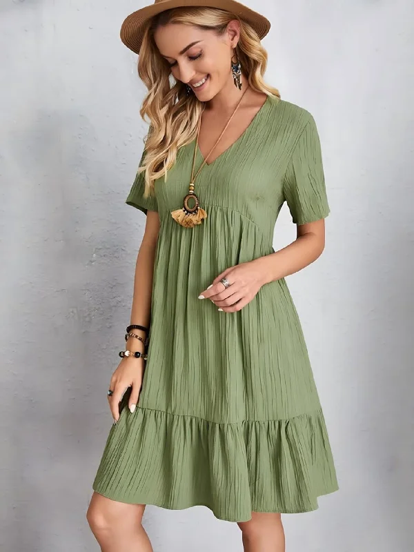 Instant Discount Short Sleeve V Neck Ruffle Mid Dress