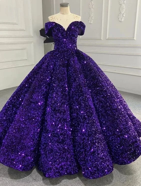 Sparkly Purple Off The Shoulder Sequins Ball Gown,Purple Sweet 16 Dress Y6583