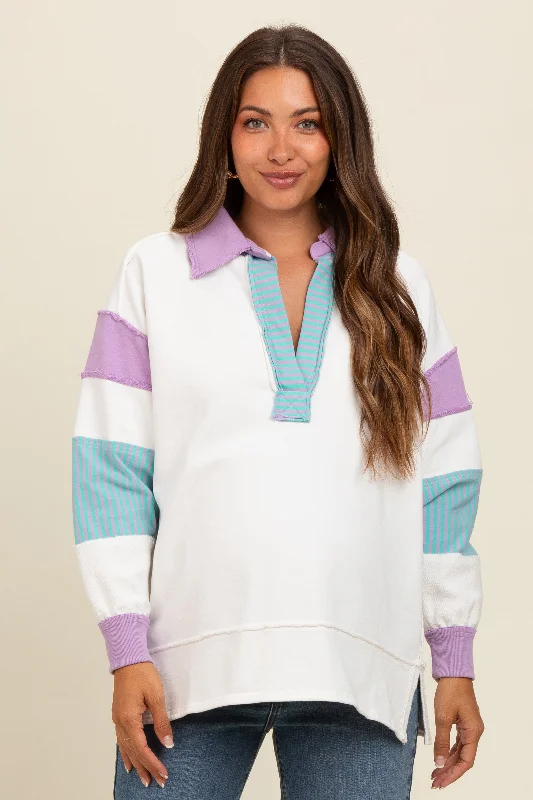 Lavender Colorblock Stripe Polo Maternity Sweatshirt