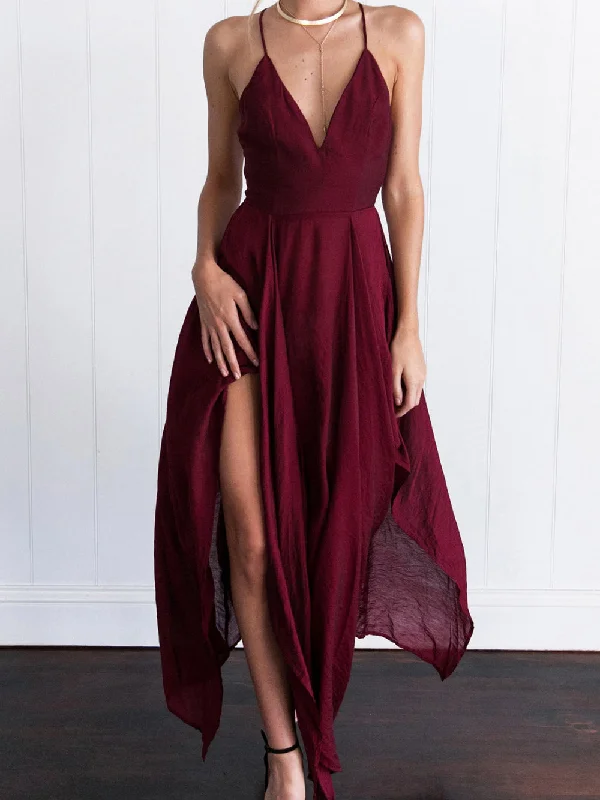 Bargain Prices Sexy Burgundy Prom Dresses Halter Asymmetrical Long Prom Dress/Evening Dress JKL092