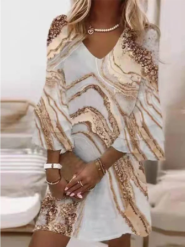 Buy More, Save More Flared Sleeve Elegant V-Neck Loose Mini Dress