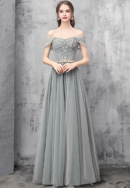 Savings Bonanza Gray Tulle Beaded Long Prom Dress, Off the Shoulder Evening Dress