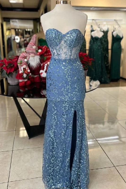 Blowout Deals fitted cocktail dressGlitter Lace Sweetheart Mermaid Long Prom Dress with Slit Y5851