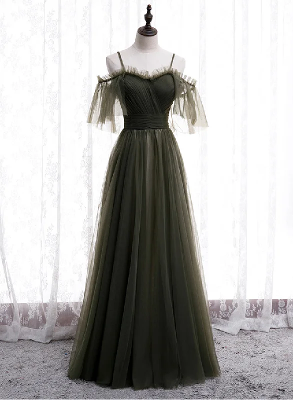 Extra Savings Green Tulle Long Prom Dress, A-Line Spaghetti Strap Evening Dress