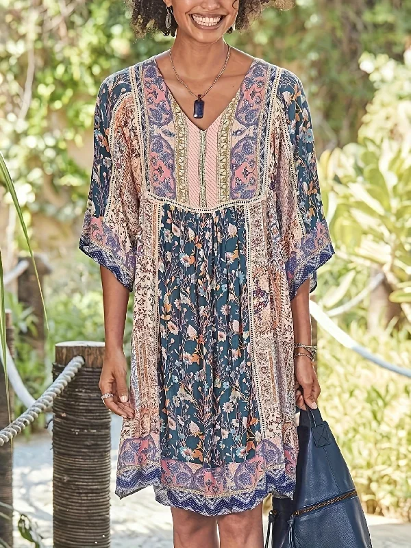 Overstock Plus Size Floral Print V Neck Loose Dress, Casual 3/4 Sleeve Dress