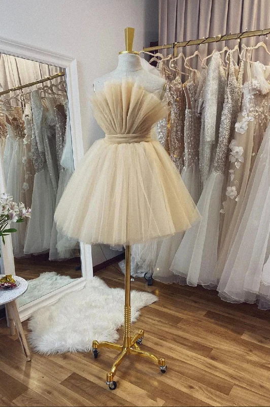 Clearance Event Cute Tulle Short Prom Dress, Champagne A-Line Evening Party Dress