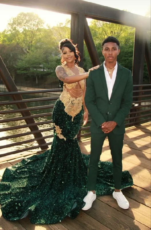 Sparkly Dark Green Mermaid Prom Dresses For Black Girls Golden Lace Appliques Beads Sequins Plus Size Evening Party Gown