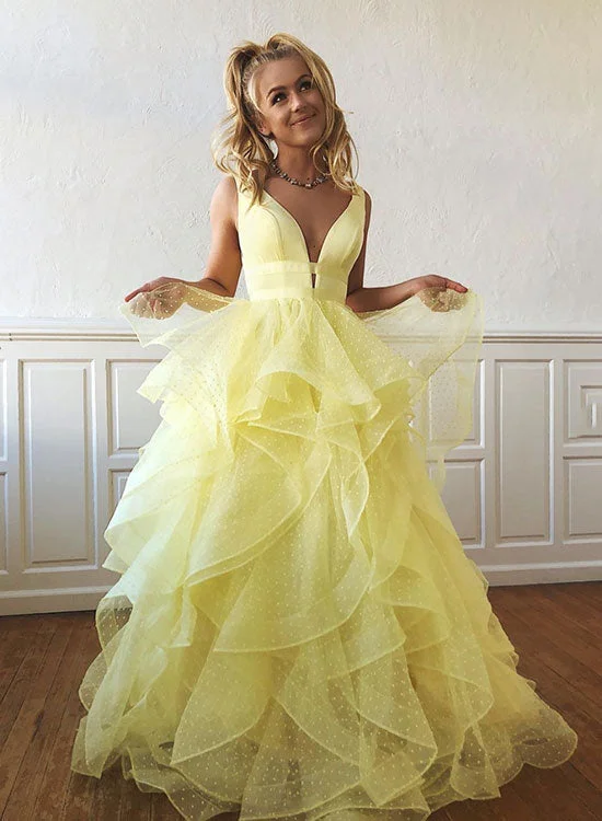 Early Access Yellow V-Neck Tulle Long Prom Dress, A-Line Evening Party Dress