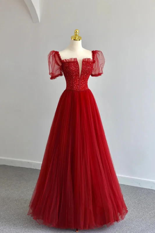 Limited Availability Dark Red Tulle Sequins Long Prom Dress, A-Line Short Sleeve Evening Party Dress Limited Availability Dark Red Tulle Sequins Long Prom Dress, A-Line Short Sleeve Evening Party Dress